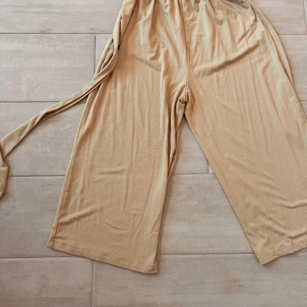 AnyBody Jumpsuit Beige Short Sleeve Wide Leg Romper V Neck Wrap-Over Bodice S - Picture 8 of 8